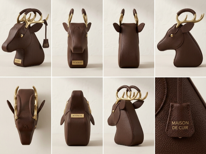 Stag Head Sculptural Clutch – Dark Chocolate Leather & Gold Antlers