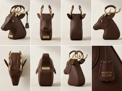 Stag Head Sculptural Clutch – Dark Chocolate Leather & Gold Antlers